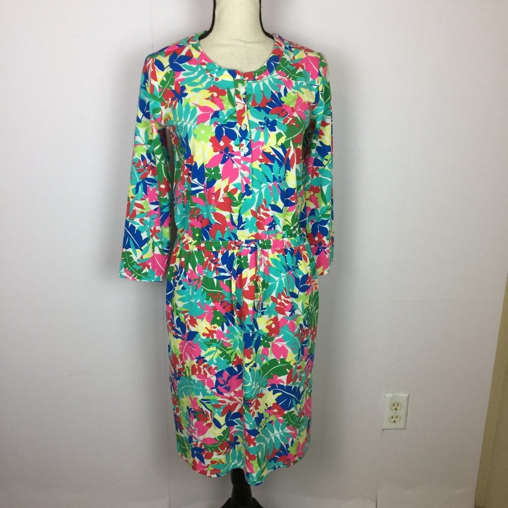 New!! Lands' End Dress XS 2-4 Drawstring Waist Pink Blue Floral Long Sleeve